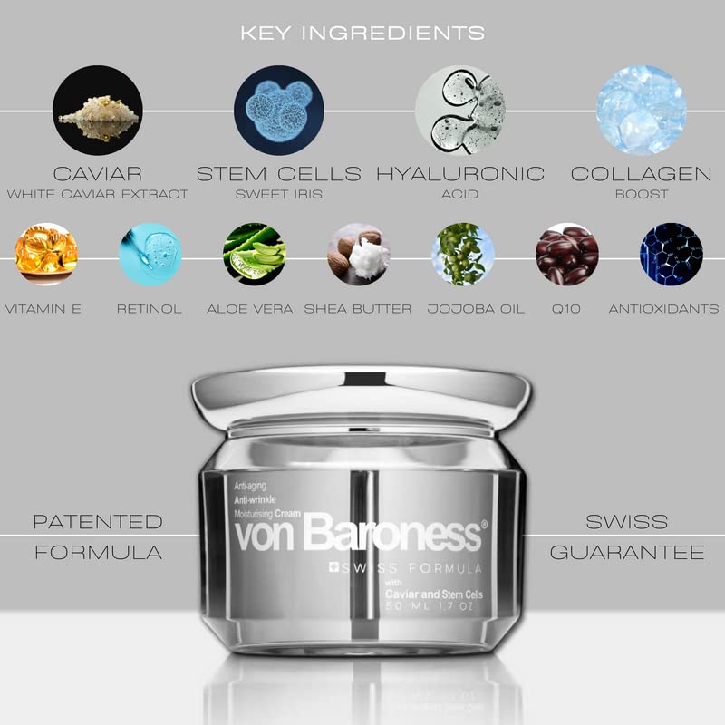 VON BARONESS Anti-Aging Face Cream - with White Caviar Extract, Retinol, Collagen, and Hyaluronic Acid - Reduce Wrinkles and Fine Lines, Deeply Hydrate, and Enhance Radiance