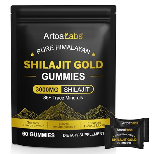 Pure Himalayan Shilajit Gold Gummies for Men Women, 3000mg Shi-lajit and 85+ Trace Minerals, Shilajit Gummies Supports Energy Levels, Boosts Immune Function, 60 Gummes (1)