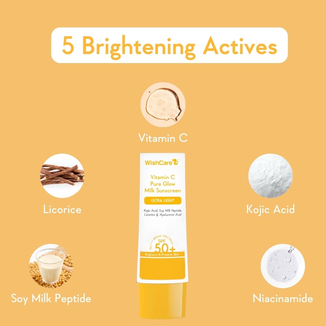 WishCare Vitamin C Pure Glow Milk Sunscreen SPF 50 PA++++ for Glowing Skin - Broad Spectrum Light Weight Sunscreen SPF 50 for Dry Skin & Oily Skin 50g