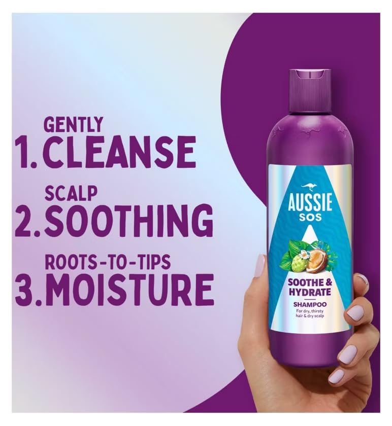 "Aussie SOS Soothe & Hydrate Bundle contains Shampoo 300ml, Conditioner 200ml & Aussie SOS Save My Lengths 3 in 1 Hair Oil 100ml, Leaving It Soft, Smooth & Shiny Hair"