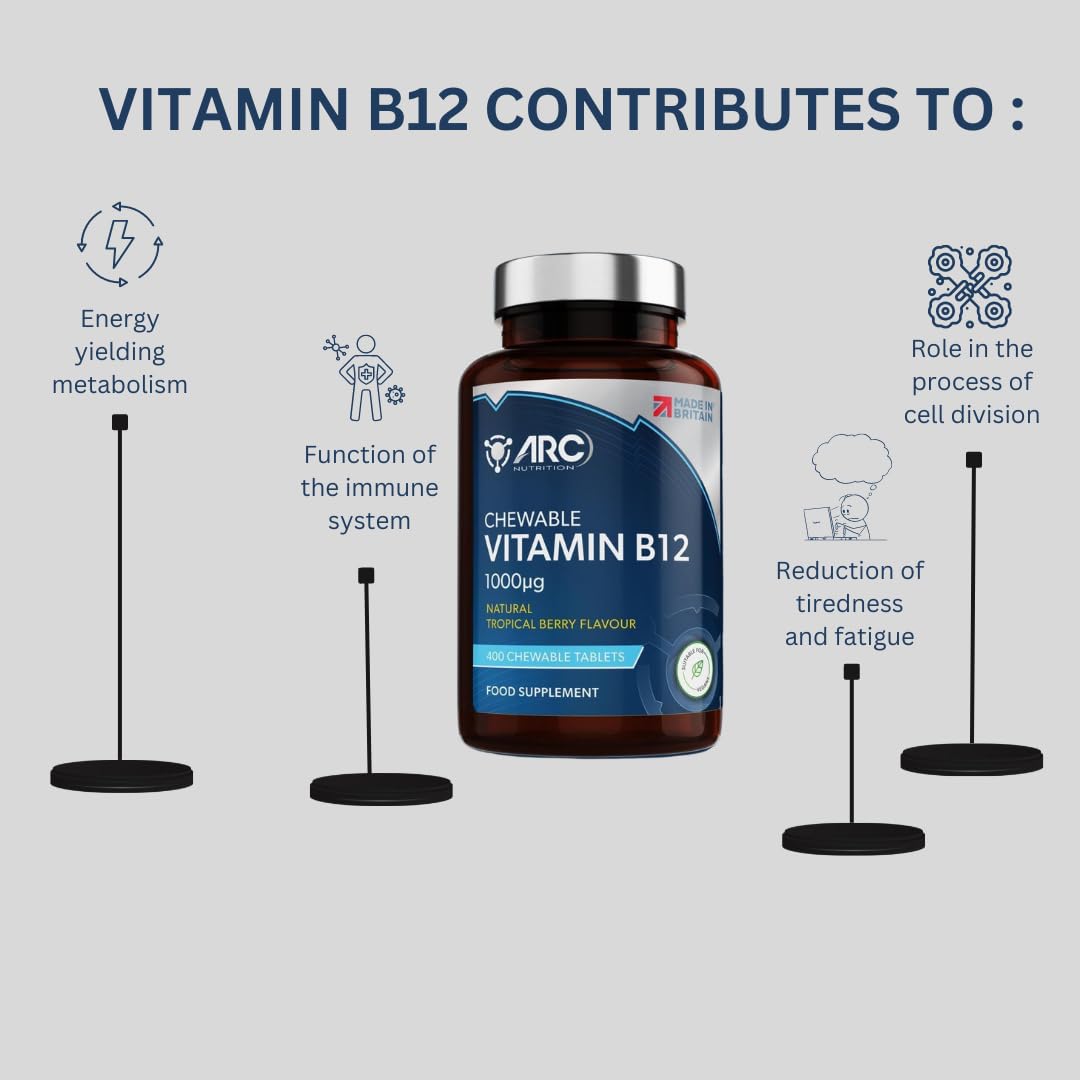 ARC) HEALTH+NUTRITION WWW.ARCHEALTHNUTRITION.CO.UK Vitamin B12 1000mcg - 400 Tablets - Melts on Tongue - Sugar Free Tropical Berry Flavour Chewable - Methylcobalamin Supplements - Made in UK