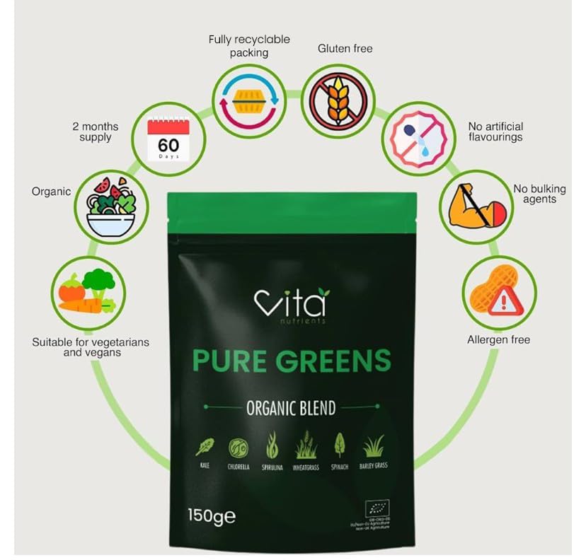 Vita Nutrients Pure Greens Superfood Powder 150g - Premium Organic Blend of 6 Plant Based Super Greens - Vegan & Gluten Free - Vitamin Fibre & Mineral Rich Formula - Made in The UK