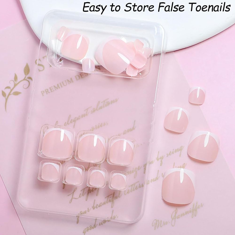 ZDHSOY 24Pcs French Tip Press on Toenails - Short Square Pink Fake Toe Nails/White French Tip False Toenails Acrylic Full Cover Press ons Toenails for Pedicure Decorations