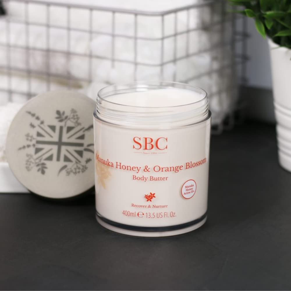 SBC Skincare Manuka Honey & Orange Blossom Body Butter - 400ml | Shea Butter And Propolis Body Lotion | Moisturising Body Cream For Dry And Sensitive Skin