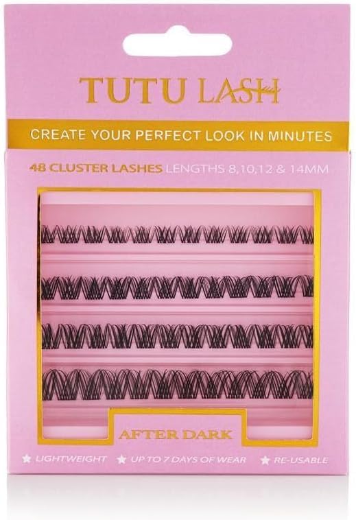 TUTU LASH After Dark Black Cluster Lashes – 48 DIY Individual Lash Clusters – 8mm, 10mm, 12mm & 14mm – Clear Band – Lightweight Reusable False Eyelashes – Glamorous Look