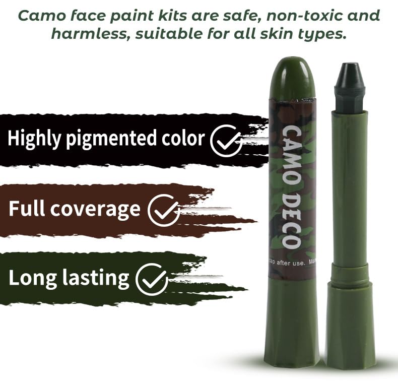 NoraGlaze 3-Piece Camouflage Face Paint Stick Set - Waterproof, Sweat-Resistant Green, Brown, Black Makeup for Hunting, Military Training, Outdoor Survival, Tactical Activities & Airsoft