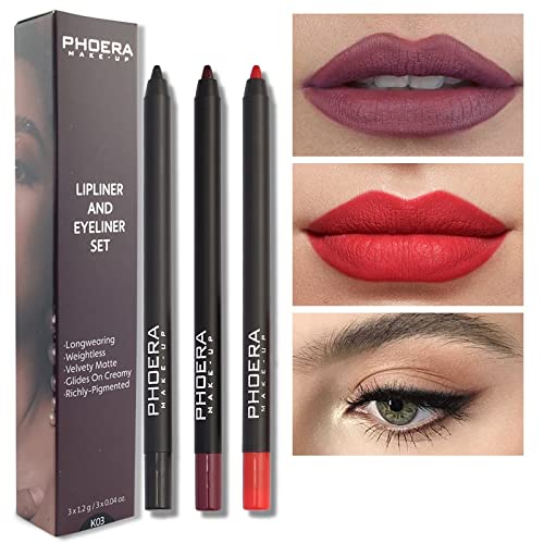 Phoera AQUAPURITY PHOERA® Lip Liner and Eye Liner 3Pcs Set, Long Lasting Eyeliner Pencil, Matte Lip Liner Pencil Set, Easy To Colour, Waterproof Shaping Lip Liner Set for Women and Girls (K03)