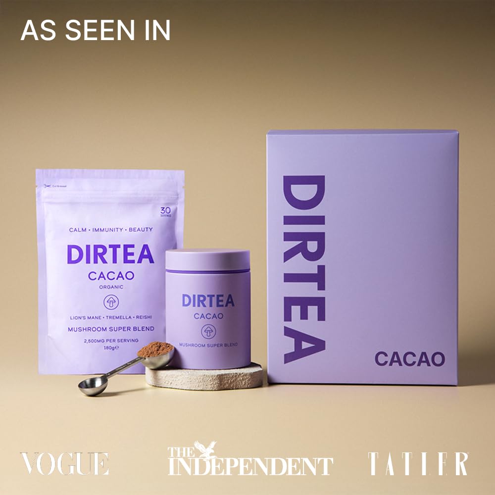 DIRTEA Cacao with Organic Lion's Mane - 100% Organic Cacao with MCT & Moringa, Reishi & Tremella - 2,500mg per Serving - Vegan & Non GMO - 180g - 30 Servings
