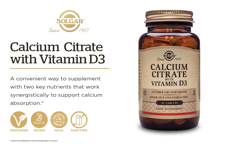 Solgar Calcium Citrate with Vitamin D3 Tablets - Pack of 60 - Healthy Bones & Teeth - High Potency Formula - Gluten Free