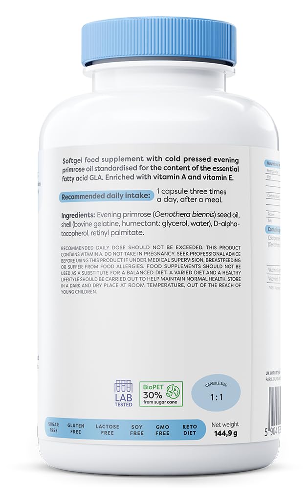 OSAVI Osavi Primrose Oil 1800 mg with Vitamin A & E – 180 Softgels | Cold–Pressed Evening Primrose Oil with GLA, Enriched with Vitamin A & E | Supports Skin Health & Cell Protection