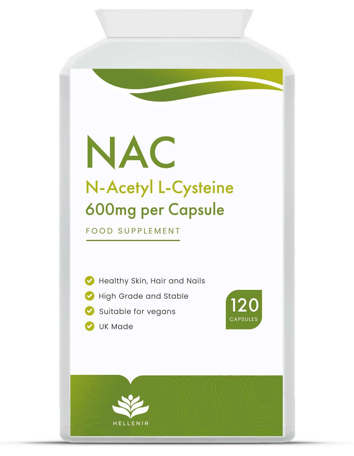 NAC N-Acetyl-Cysteine 600mg | 120 Vegan Capsules | NAC Supplement | Vegan NAC Supplement | High Strength & High Bioavailability - Manufactured in the UK by Hellenia