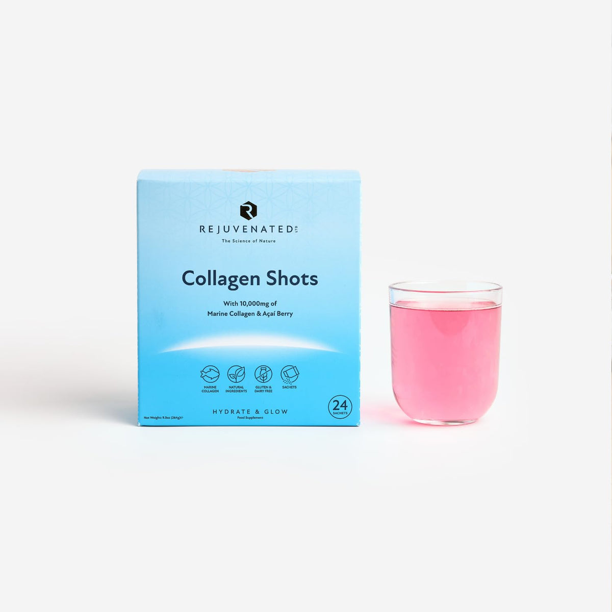 Rejuvenated Limited Rejuvenated Collagen Shots - Hydrolysed 10,000 mg Marine Collagen Drink with Antioxidants, Vitamins & Hyaluronic Acid (24 Sachets)
