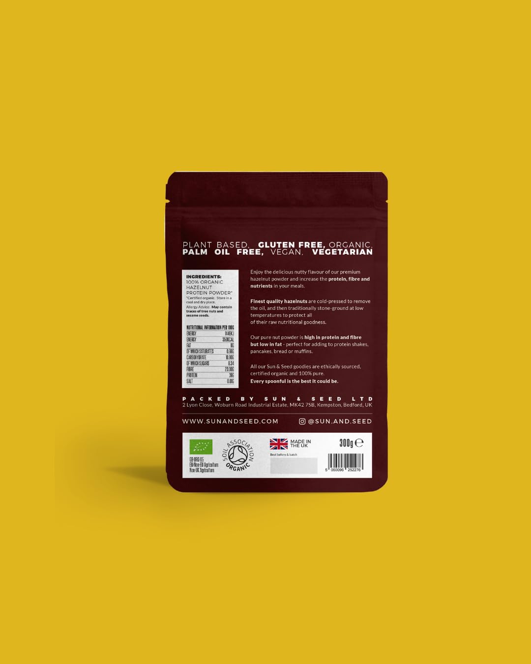 Sun & Seed Organic Hazelnut Protein Powder 300g – Cold-Pressed & Stone-Ground – High Protein, High Fibre, Low Fat – Rich in Vitamin E, Manganese & Copper – Vegan, Gluten-Free – Baking & Smoothies