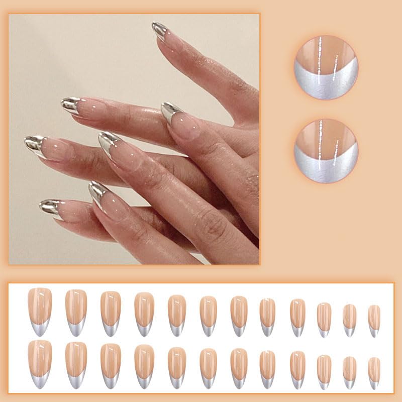 mgmxbsth Mgmxbsth 24Pcs Almond Fake Nails,Sliver Press on Nails,Frech Style Glossy Fake Nails, Stick on Nails with Designs Stick for Women and Girls (Casual)