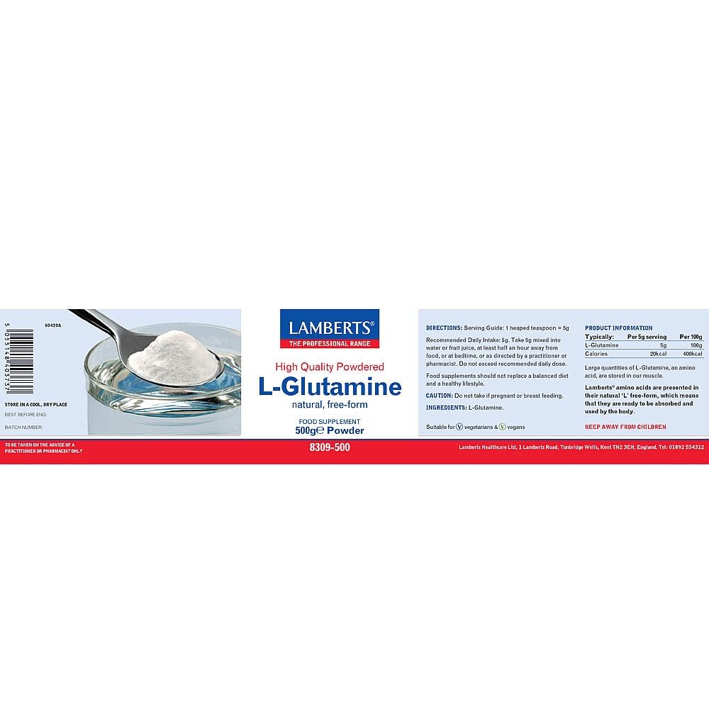 Lamberts L-Glutamine Powder 500g – Mild Tasting & Easily Mixed with Drinks – Vegan Formula