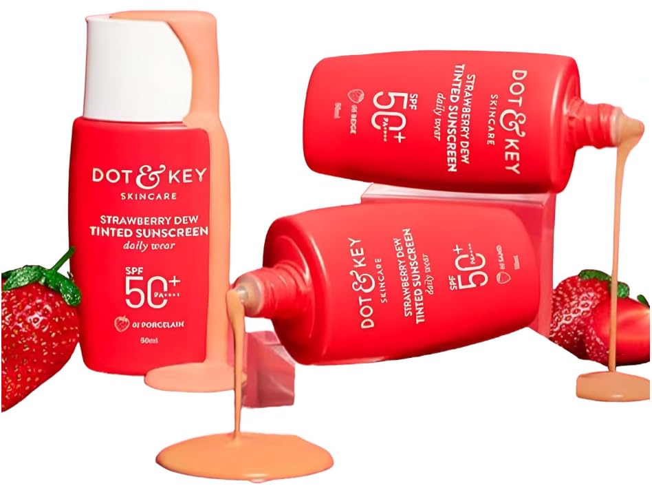 Dot & Key Strawberry Dew Tinted Sunscreen SPF 50 PA with Niacinamide & Hyaluronic Acid, available in Beige Medium (05) shade, 50ml for sun protection and hydration.
