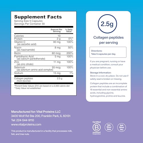 Vital Proteins Collagen Peptides Beauty Edition Capsules, 2.5g of Collagen Per Serving with Biotin and Vitamin C, 30 Servings