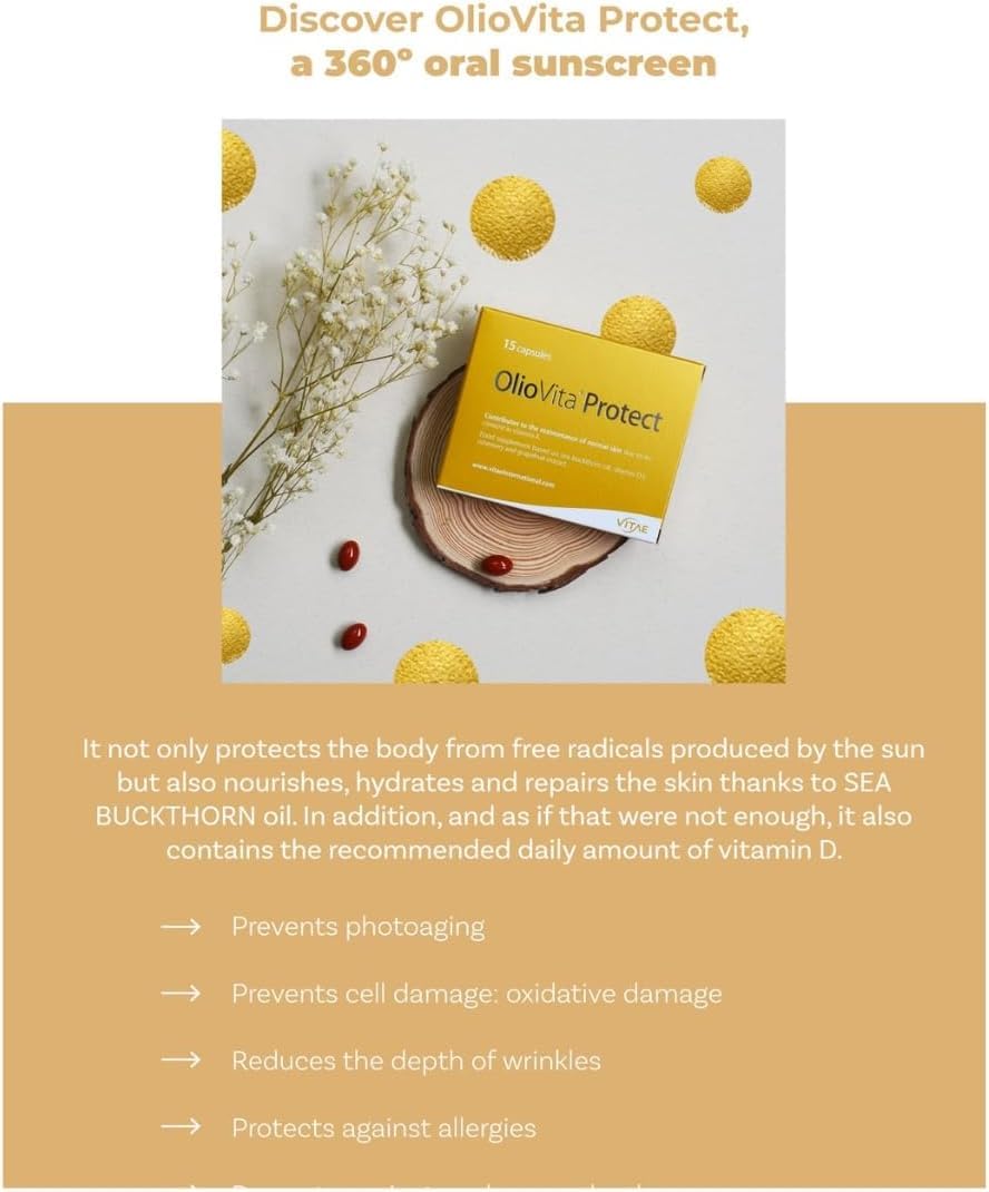 Vitae OlioVita Protect | Sun Protection Supplements | Prevention Sun Damage, Sun Allergy, Sun Burns | Safe and Healthy Tanning | Antioxidant | 15 Capsules