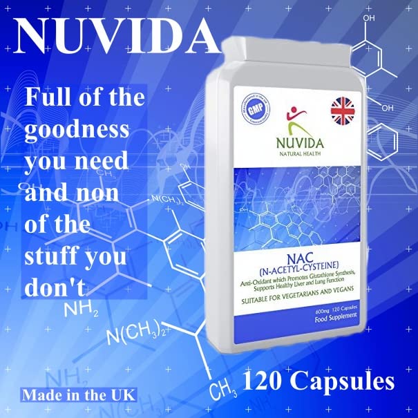 NUVIDA NATURAL HEALTH N-Acetyl-Cysteine 600mg - 120 NAC Capsules - Vegan and Vegetarian Friendly Amino Acid NAC Supplement 600mg- Allergen Free Capsules