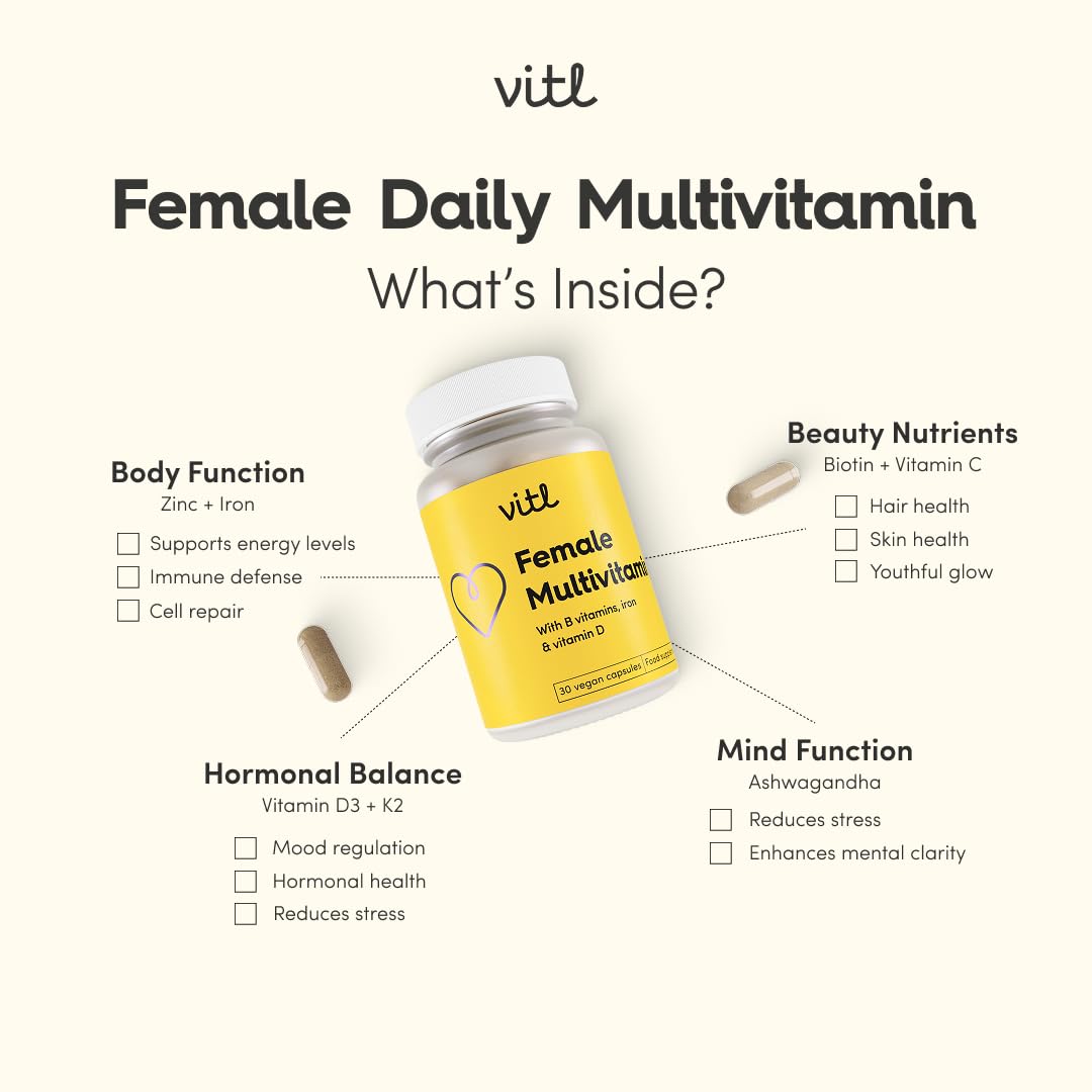 VITL Vitl Female Multivitamin & Minerals Supplement - 30 Vegan Capsules - 21 Essential Active Vitamins & Minerals - with Vitamin D3, Vitamin B, Vitamin C, Vitamin E, Folic Acid & Iron - 1 Month Supply