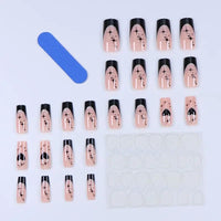 Generic Square Press-on Nails, 24 Pieces, Black French Tips with Heart Star Design, Silver Glitter Accents