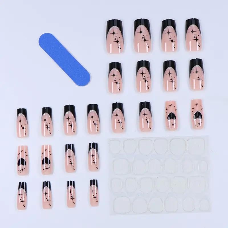 Generic Square Press-on Nails, 24 Pieces, Black French Tips with Heart Star Design, Silver Glitter Accents