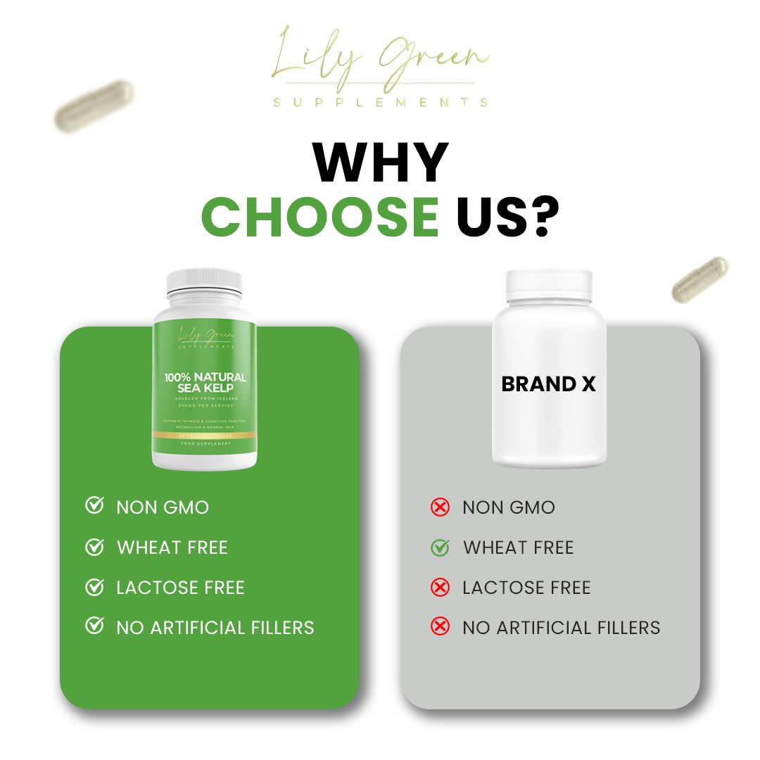 Lily Green Supplements Lily Green Organic Sea Kelp | 500mg Per Serving Thyroid Support Supplement | 435mcg of Iodine Supplement per Capsule | Non-GMO & No Artificial Fillers Cognitive Supplements | 90 Capsules | Made in UK