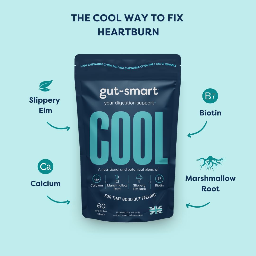 Gut - Smart Gut–Smart COOL, 60 x Chewable Tablets, Heartburn Relief, Antacid, Natural Supplements for Healthy Digestion, Contains Slippery Elm, Marshmallow Root, Calcium and Biotin, POCKET TIN Included