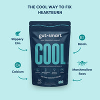 Gut - Smart Gut–Smart COOL, 60 x Chewable Tablets, Heartburn Relief, Antacid, Natural Supplements for Healthy Digestion, Contains Slippery Elm, Marshmallow Root, Calcium and Biotin, POCKET TIN Included