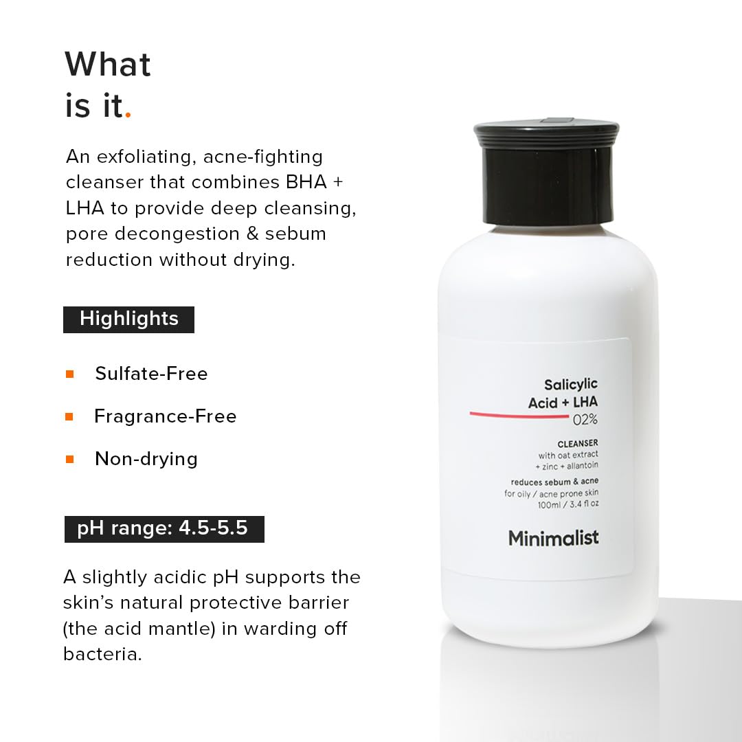 Minimalist 2% Salicylic Acid Face Wash for Oily Skin | Sulphate free, Anti Acne Face Cleanser With LHA & Zinc For Acne or Pimples | Men & Women, 100 ml (Pack of 1)