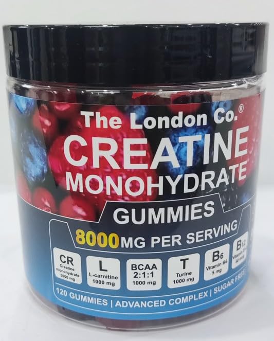 The London Co. Creatine Monohydrate Gummies, 8000mg, 120 Count, Sugar Free, Advanced Complex with BCAA, L-Carnitine, Taurine