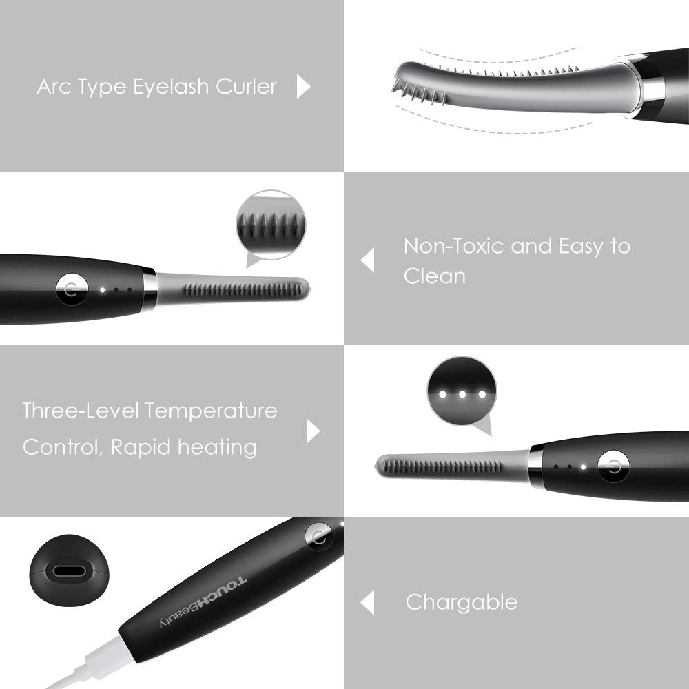 TOUCHBeauty Electric Heated Eyelash Curler, Portable, Smart Adjustable Temperature, Fast Heating, Black