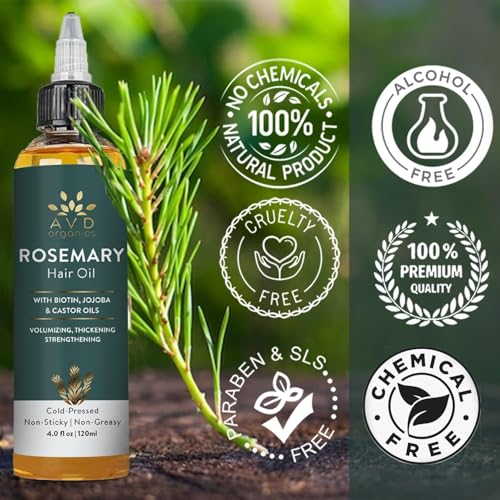 AVD ORGANICS AVD Organics Rosemary Hair Oil with Biotin – Strengthening, Nourishing, and Volumizing | Infused with Jojoba & Castor Oil | Non-GMO, 120ml