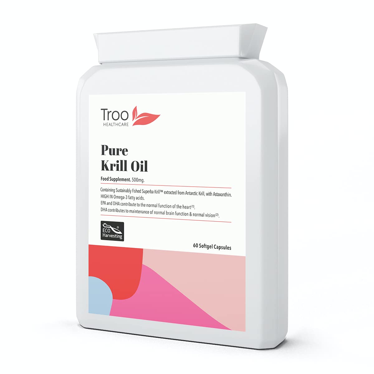 Troo Health Care Superba Krill Oil Extract 500 mg - 60 Soft Gel Easy Swallow Capsules – Sustainably Eco Harvested from Antarctic Krill with Astaxanthin - Manufactured to GMP Standards