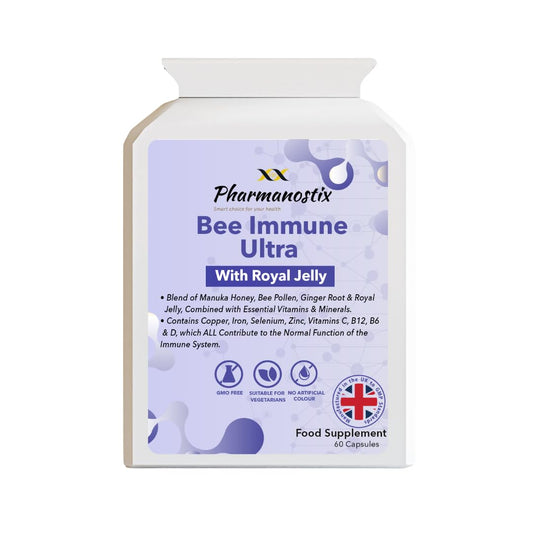 Pharmanostix Ultra Bee Immune 60 Capsules Packed with Bee Pollen, Royal Jelly, Manuka Honey, Essential Vitamins and Minerals, Vitamin C, D & E, Zinc - Ginger Root & Elderberry - UK Manufactured