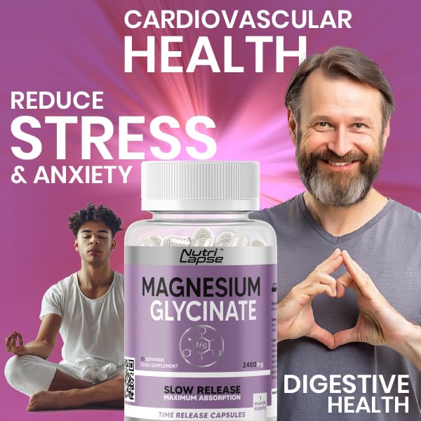 Nutri Lapse Nutrilapse™ Magnesium Glycinate (Bisglycinate) with Vitamin B6, High Bioavailability Granular Technology Sustained Release Capsules, 2400mg Magnesium Delivering 340mg Magnesium Elemental, 4mg Vitamin