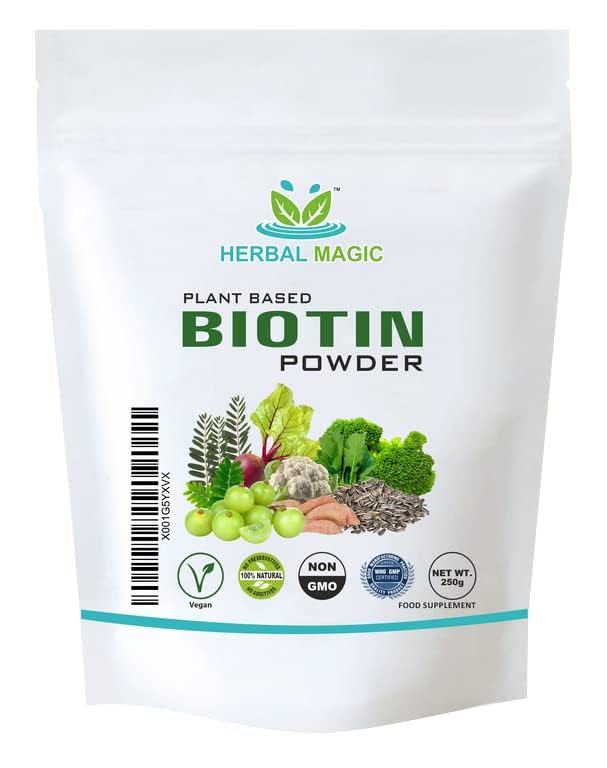 Herbal Magic's Pure & Natural Blend - Biotin Powder (10,000 mcg in 1 Scoop) - UKAS LAB Tested in UK - Made from 14 x Fruits, Vegetables & Herbs - No fillers/Preservatives/Color/Maltodextrin- 100gms