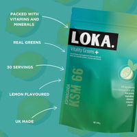 LOKA. LOKA Vitality Greens+| Super Greens Powder | Includes Plants, Ashwagandha, Reishi Mushroom, Maca Root, Vitamins/Minerals, Vegan & Gluten Free. 240g, 30 Servings