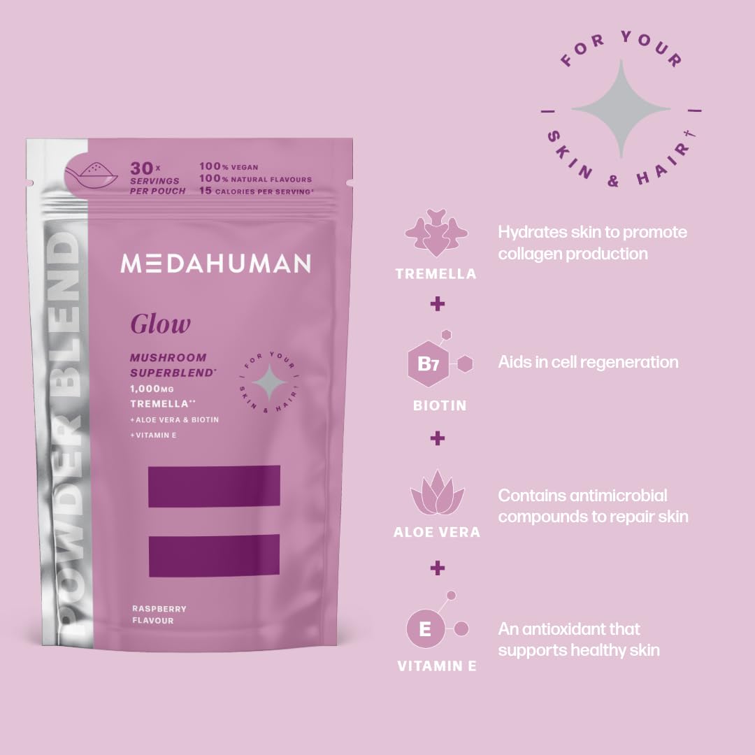MEDAHUMAN® Glow | Tremella Mushroom Powder (30 Servings) | Adaptogen Superblend Mushroom Supplement with Biotin, Vitamin E and Aloe Vera to Promote Glowy Skin & Boost Collagen | Raspberry Flavour