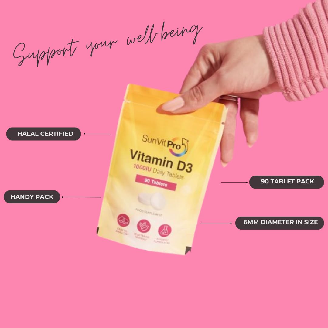SunVit-D3 Vitamin D 1000IU - Cholecalciferol Vitamin D Tablets 1000IU Support the Maintenance of Bone, Teeth, Muscle & Immune System | UK Made, GMP Approved, Dairy & Gluten free D3 Vitamins 90 Tablets