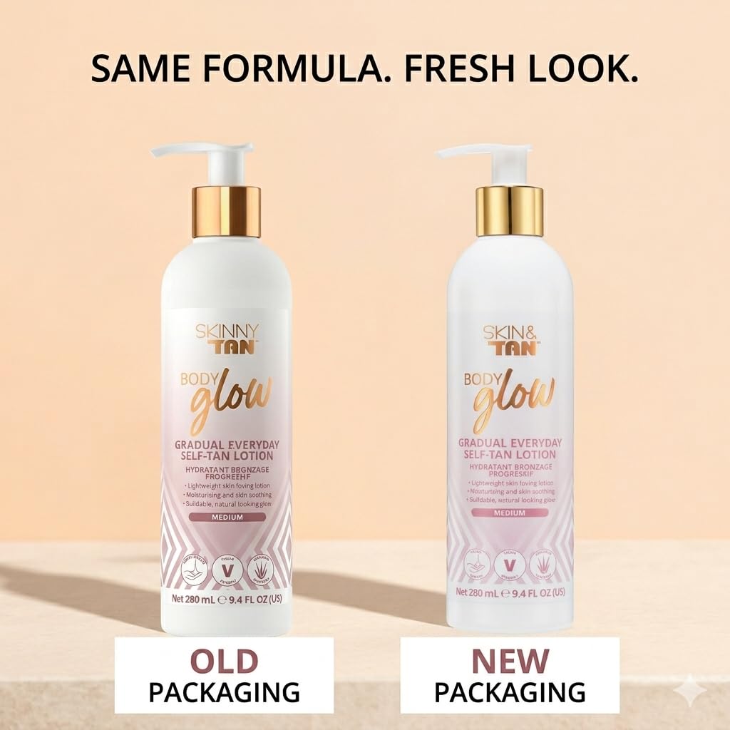Skinny Tan Skin & Tan Body Glow Lotion - Medium Gradual Tanner for Natural Looking Sunless Tan, Streak-Free, Easy Application, Coconut Scented, Hydrating, Body Moisturiser 280ml