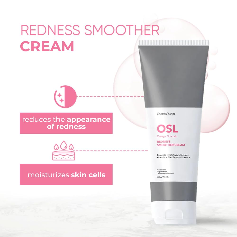 OSL Omega Skin Lab OSL Redness Smoother Cream 75ML - Skin Care Solution with Vitamin E, Shea Butter, Bisabolol, Helichrysum Italicum, Ceramide - Tinted Moisturiser and Colour Correcting Formula