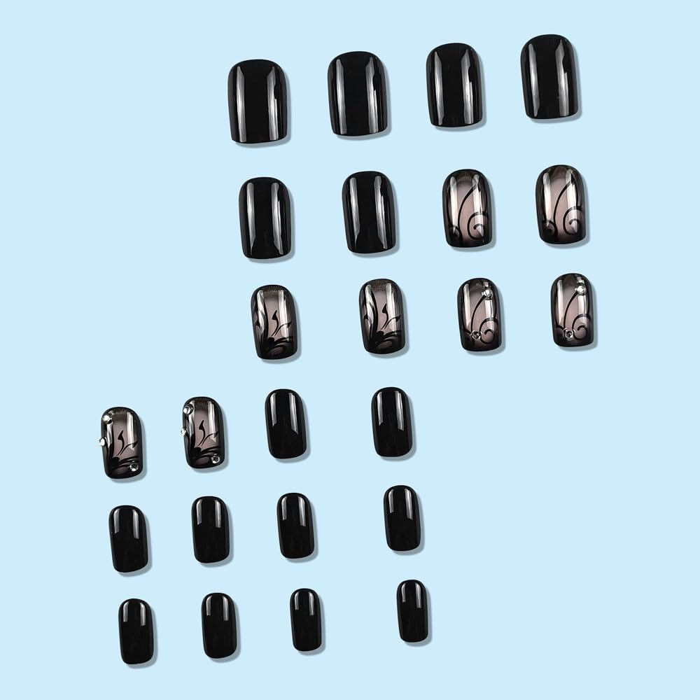 JUSTOTRY 24 Pcs Short False Nails with Butterfly and Diamond Pattern,Black Square Press on Nails,Glossy Fake Nails Medium for Nails Art,French Squoval Stick on Nails for Women Gifts