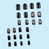 JUSTOTRY 24 Pcs Short False Nails with Butterfly and Diamond Pattern,Black Square Press on Nails,Glossy Fake Nails Medium for Nails Art,French Squoval Stick on Nails for Women Gifts