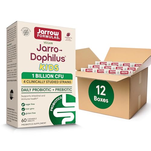Jarrow Formulas Jarro-Dophilus Kids Probiotics and Prebiotics 1 Billion CFU Supplement for Intestinal and Immune Health Support 60 SugarFree RaspberryFlavored Chewable Tablets 30 Day Supply Pack of 12