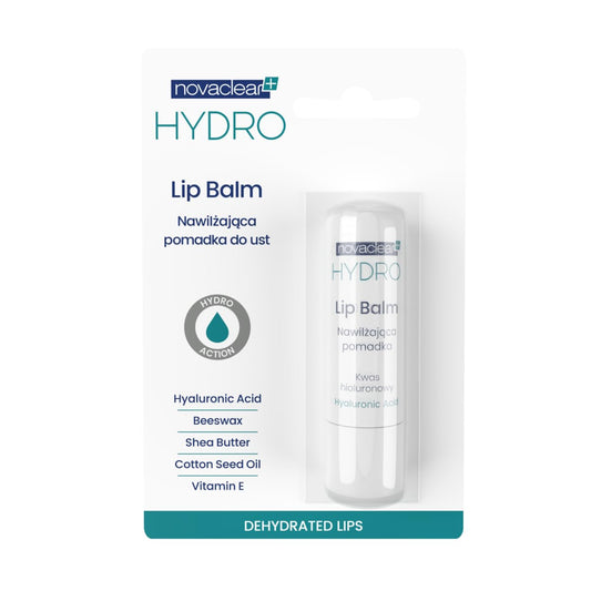Novaclear Hydro Moisturizing lip balm with hyaluronic acid, Vitamin E and Vitamin C for the care of dry and chapped lips.