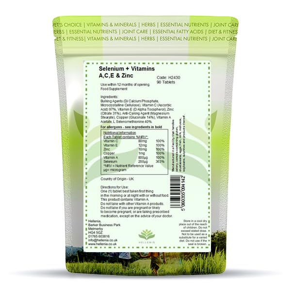 Hellenia Selenium 200ug Vitamins A,C,E + Zinc - 90 Tablets - Antioxidant Formula
