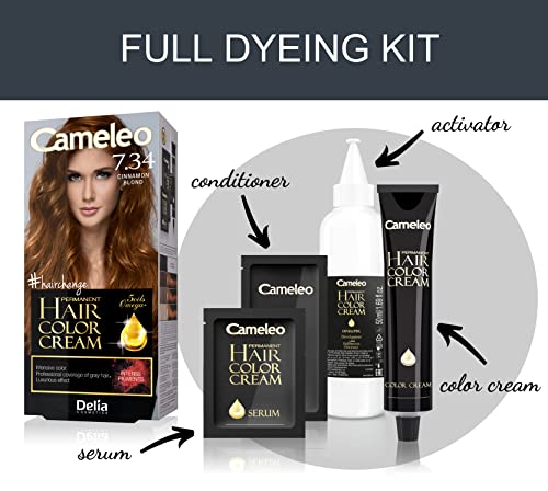 Delia Cosmetics Cameleo - Permanent Hair Colour Cream - Cinnamon Blonde - Intensive Color & Protection - 5 Oils + Omega Plus Acids - Professional, Luxurious Hair Dye - Full Kit