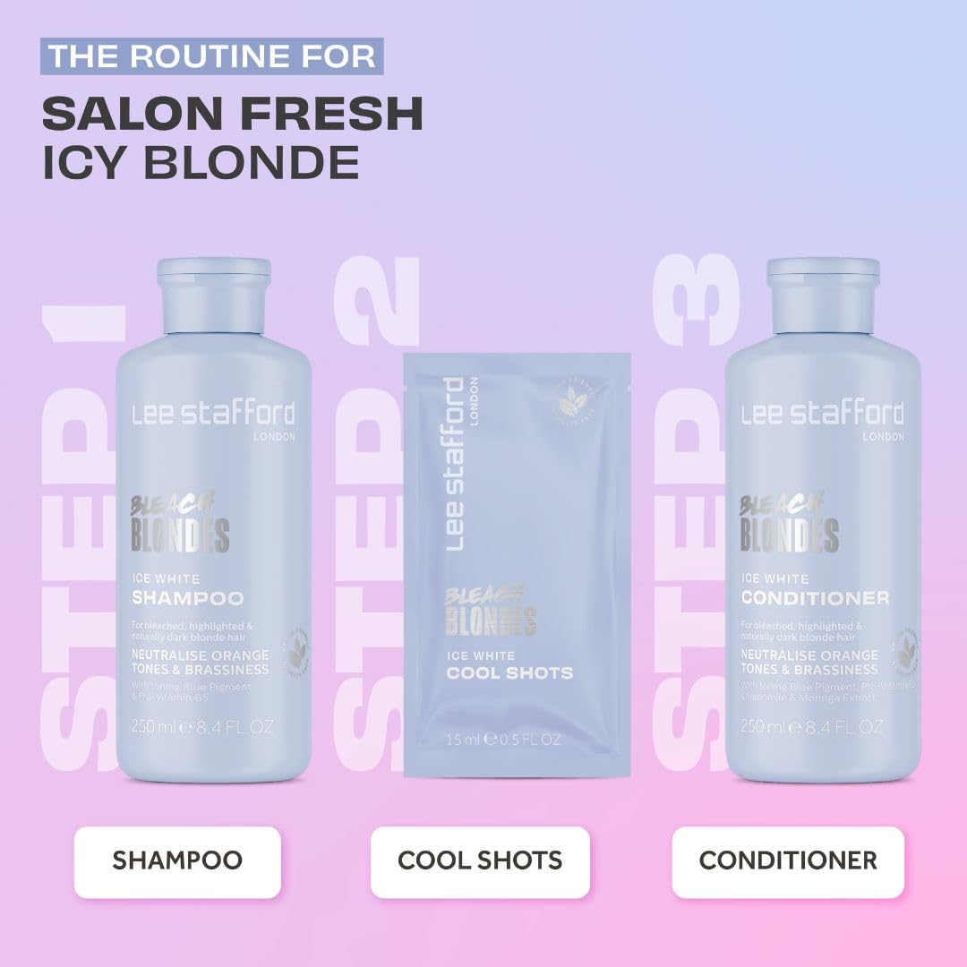 Lee Stafford Blue Pigment Toning Hair Treatments | Bleach Blondes Ice White Hot Shots - Power Dose Treatments, Corrects Brassy & Orange Tones, Great for Highlighted, Cool Hair, 4 x 15ml Doses