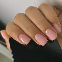 JUSTOTRY 24 Pcs Peach Pink Solid Short False Nails Square Pattern,Glossy Press on Nails, Fake Nails Medium,Reusable Squoval Stick on Nail for Women and Teens Nail Art